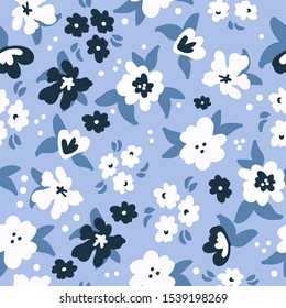 Simple vintage pattern. Blue background, blue and white flowers. The print is well suited for textiles, banner, Wallpaper and packaging.