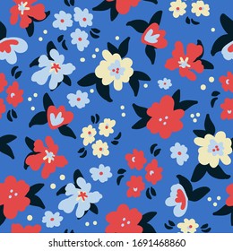 Simple vintage pattern. Blue background, scarlet, blue and light flowers, leaves. The print is well suited for textiles, Wallpaper and packaging.