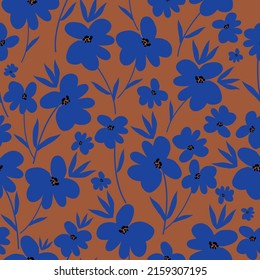 Simple vintage pattern. blue flowers and leaves . Brown background. Fashionable print for textiles, wallpaper and packaging.
