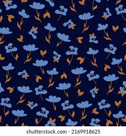 Patrón vintage simple. Flores azules y hojas doradas. fondo azul oscuro. Impresión de moda para textiles y papel pintado.