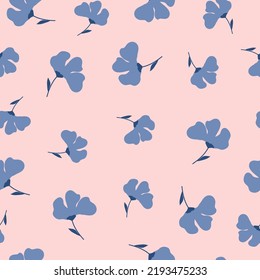 Simple vintage pattern. blue  flowers , dark blue leaves. pink  background. Fashionable print for textiles and wallpaper.
