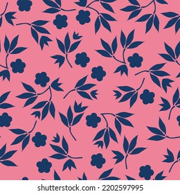 Simple vintage pattern. blue  flowers and leaves. pink background. Fashionable print for textiles and wallpaper.
