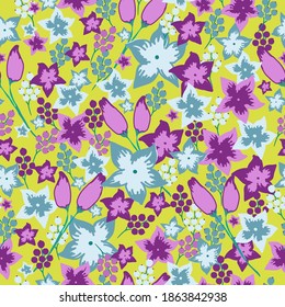 Patrón vintage simple. Flores azules y lilas. Fondo mostaza. Textura vectorial. Impresión elegante de moda para papel pintado y textiles.