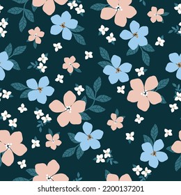 Simple vintage pattern. blue,pink and white flowers . green leaves . dark  background. Fashionable print for textiles and wallpaper.