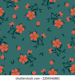 Simple vintage pattern. bright orange flowers. dark green leaves. green background. Fashionable print for textiles and wallpaper.