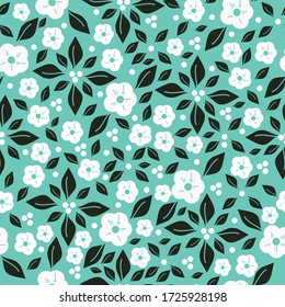 Einfaches Vintage-Muster. Heller türkisfarbener Hintergrund, weiße Blumen, dunkle Blätter. Der Druck eignet sich gut für Textilien, Tapeten und Verpackungen.