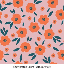 Simple vintage pattern. coral flowers, blue leaves. pink background. Fashionable print for textiles, wallpaper and packaging.