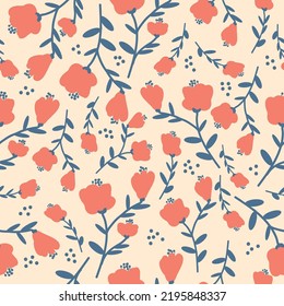 Simple vintage pattern. coral   flowers and blue leaves. light  beige   background. Fashionable print for textiles and wallpaper.