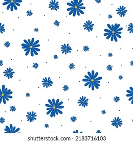 Patrón vintage simple. lindas flores azules y puntos. fondo blanco. Impresión de moda para textiles y papel pintado.