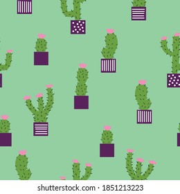 Simple vintage pattern. Cute cacti in pots. Light green background. Vector texture. Elegant fashion print for Wallpaper and textiles.