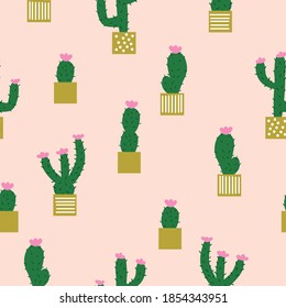 Simple vintage pattern. Cute cacti with potted flowers. Pale pink background. Vector texture. Fashionable print for Wallpaper and packaging.