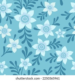 Simple vintage pattern. Cute light blue flowers. Blue background. Fashionable print for textiles and wallpaper.