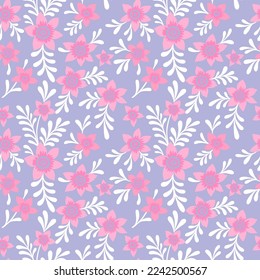 Simple vintage pattern. Cute pink flowers on a purple background. Fashionable print for textiles and wallpaper.