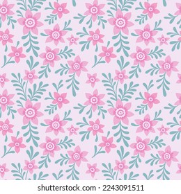 Simple vintage pattern. Cute pink flowers on a pink background. Fashionable print for textiles and wallpaper.