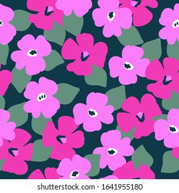 Simple vintage pattern. Dark background, bright pink and fuchsia flowers, leaves. The print is well suited for textiles, Wallpaper, and postcards.