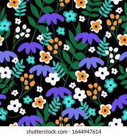 Simple vintage pattern. Dark background, bright colored flowers and leaves. The print is well suited for textiles, Wallpaper, and packaging.