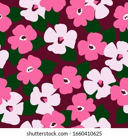Simple vintage pattern. Dark background, pink flowers, green leaves. The print is well suited for Wallpaper, textiles, and packaging.