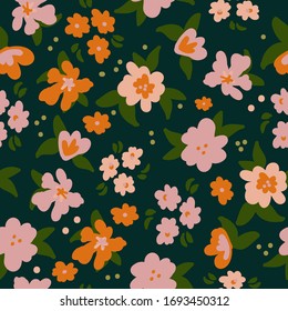 Simple vintage pattern. Dark background, bright orange and pink flowers, leaves. The print is well suited for textiles, banners, packaging and Wallpaper.