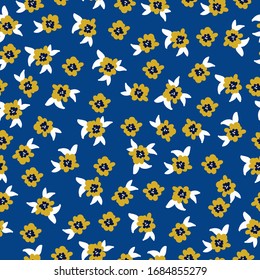 Simple vintage pattern. Dark blue background, small mustard flowers, white leaves. The print is well suited for textiles, Wallpaper and packaging.