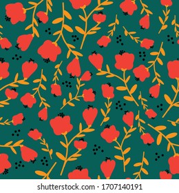 Simple vintage pattern. Dark green background, bright poppies flowers. 