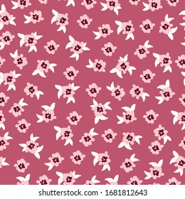 Sencillo patrón vintage. Fondo rosa oscuro, flores rosas, hojas blancas. La impresión es adecuada para los textiles, el embalaje y el papel pintado.