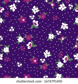Simple vintage pattern. Dark purple background, maroon and white flowers, green leaves, white dots. The print is well suited for textiles, Wallpaper and packaging.