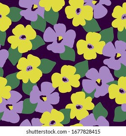 Simple vintage pattern. Dark purple background, yellow and lilac flowers, green leaves. The print is well suited for textiles, Wallpaper and packaging.