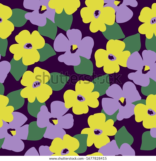 シンプルなビンテージパターン 暗い紫の背景に黄色とライラックの花 緑の葉 この印刷は織物 壁紙 包装に適している のベクター画像素材 ロイヤリティフリー