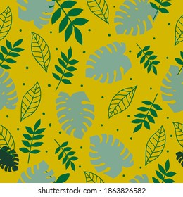 Simple vintage pattern. Different green leaves, Mustard background. Vector texture. Fashionable elegant print for Wallpaper and textiles.