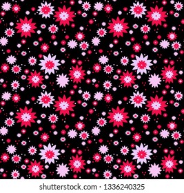 Simple vintage pattern of flowers. Black background, pink flowers. Good print for banners, postcards, textiles.