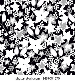 
Simple vintage pattern of flowers. Black background, white ornament of flowers . The print is well suited for textiles, packaging and Wallpaper.