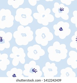 Simple vintage pattern of flowers. Blue background, big white flowers. The print is well suited for textiles,banners and Wallpapers.