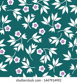 Simple vintage pattern of flowers. Turquoise background, white with pink flowers and leaves. The print is well suited for textiles,Wallpaper,banners and packaging.