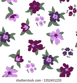 Simple vintage pattern of flowers. White background, pink and purple flowers. Print is well suited for textiles,banners,packaging,postcards.