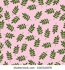 Simple vintage pattern. Gently pink background, green plants, leaves. Wallpaper, banner and packaging.