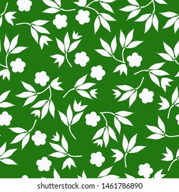 Simple vintage pattern. Green background, white ornament of flowers,plants. Print is well suited for textiles, banners and Wallpapers,packaging.