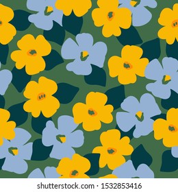 Simple vintage pattern. Green background, blue and yellow flowers. The print is well suited for textiles, Wallpaper and packaging.