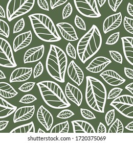 Simple vintage pattern. Green background, white outline leaves ornament . The print is well suited for textiles, Wallpaper and packaging.