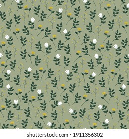 Simple vintage pattern. Green background. small white and mustard flowers. Vector texture. fashionable print for textiles and wallpaper.