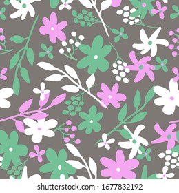Simple vintage pattern. Grey background, white, pink and green flowers, plants. The print is well suited for textiles, Wallpaper and packaging.