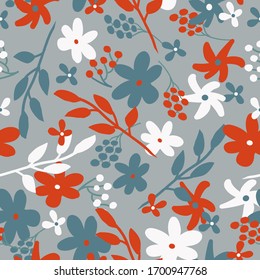 Simple vintage pattern. Grey background, orange, blue and white flowers and plants. The print is well suited for textiles, Wallpaper and packaging.