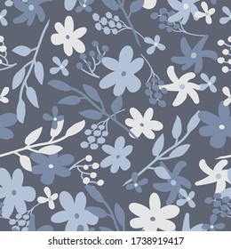 Simple vintage pattern. Grey background,white, blue and grey flowers and plants. The print is well suited for textiles, Wallpaper and packaging.