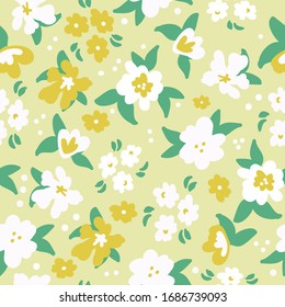 Simple vintage pattern. Lemon background, white and yellow flowers, leaves. The print is well suited for textiles, Wallpaper and packaging.