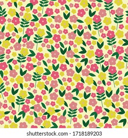 Simple vintage pattern. Light background, small yellow and pink flowers,green leaves of the plant. The print is well suited for textiles, Wallpaper and packaging.