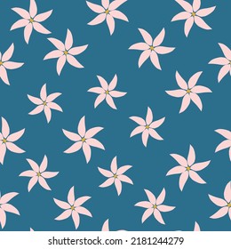Simple vintage pattern. light pink flowers. blue background. Fashionable print for textiles and wallpaper.