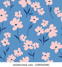Simple vintage pattern.  light pink  flowers, dark blue leaves. blue  background. Fashionable print for textiles and wallpaper.