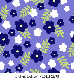 Simple vintage pattern. Lilac background, white and dark blue flowers, green leaves. The print is well suited for textiles, Wallpaper, and postcards.