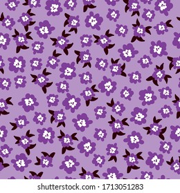Simple vintage pattern. Lilac background, purple flowers, dark leaves. The print is well suited for textiles, Wallpaper and packaging.