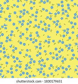 Patrón vintage simple. Pequeñas flores azules. Fondo amarillo. Textura vectorial. Elegante y luminoso papel tapiz.