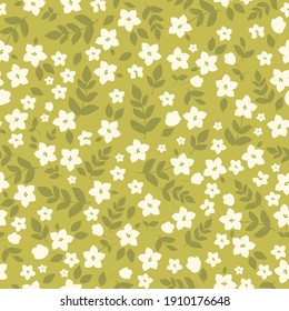 Simple vintage pattern. Mustard background,white flowers. Vector texture. Trend print for wallpaper and textiles.